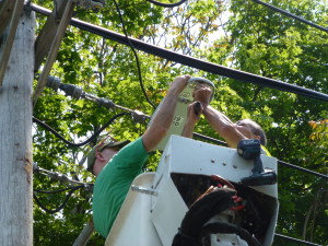 Borelli (left) and Ashland Town worker Chris Messier test streetlight for June 18 intervention (Photo: Marie Cieri)